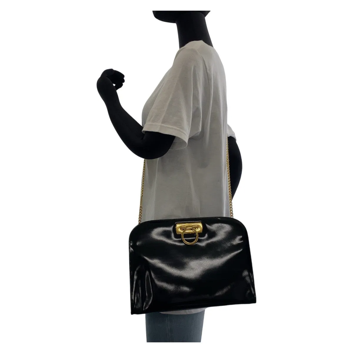 Salvatore Ferragamo Shoulder Bag Patent leather Black GoldMetal Shoulder Bag Clutch Bag Gancini Women Used
