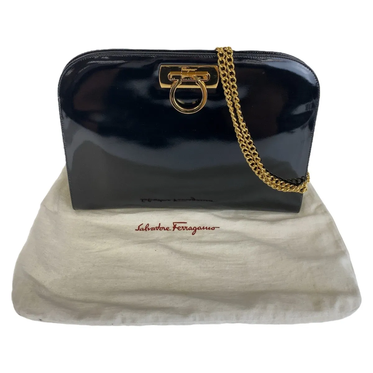 Salvatore Ferragamo Shoulder Bag Patent leather Black GoldMetal Shoulder Bag Clutch Bag Gancini Women Used