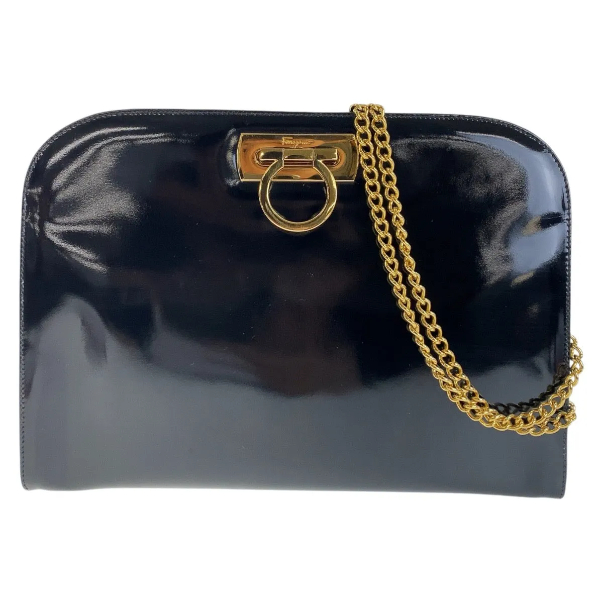 Salvatore Ferragamo Shoulder Bag Patent leather Black GoldMetal Shoulder Bag Clutch Bag Gancini Women Used