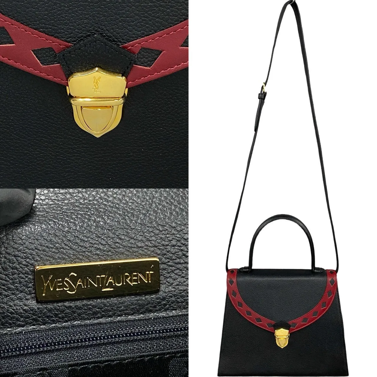 YVES SAINT LAURENT Shoulder Bag leather black YSL logo cut-out perforated leather Women Used